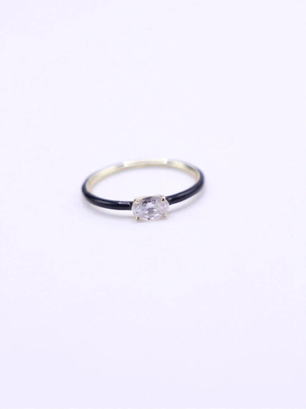 MM Black enamel two tone gold plated Band Ring with Clear Oval Crystal